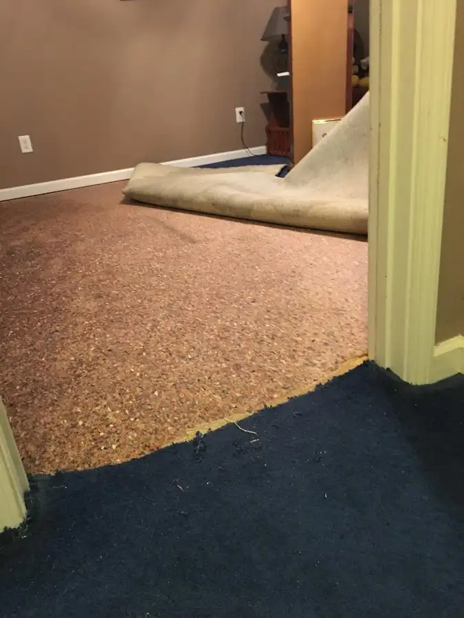 Carpet pad removal revealing water damage during Drying & Dehumidification in Rensselaer